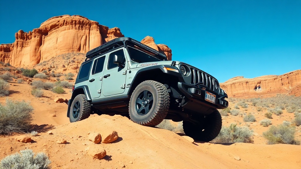 Off-road 4x4 vehicle climbing a rocky desert trail